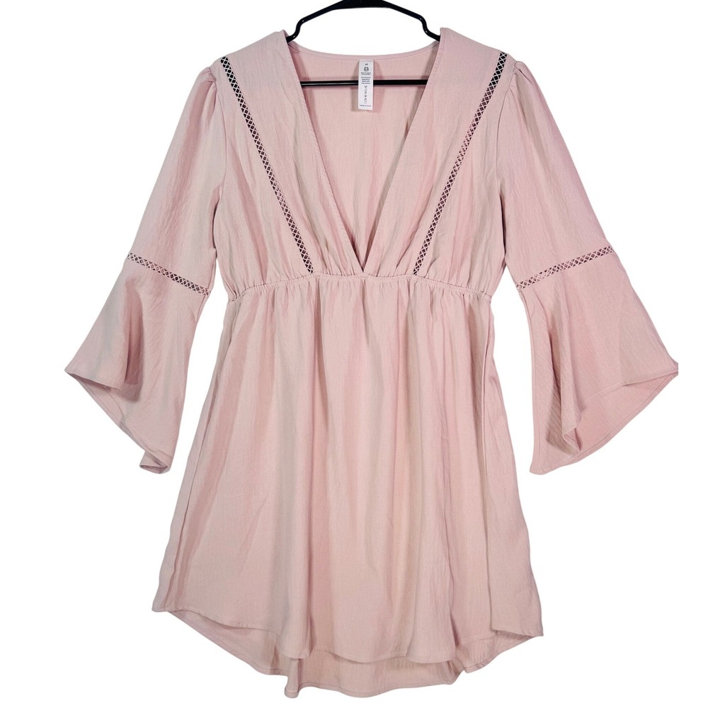 B Beige Boho Bell Sleeve V-Neck Tunic Dress Crochet Trim Size M Maternity